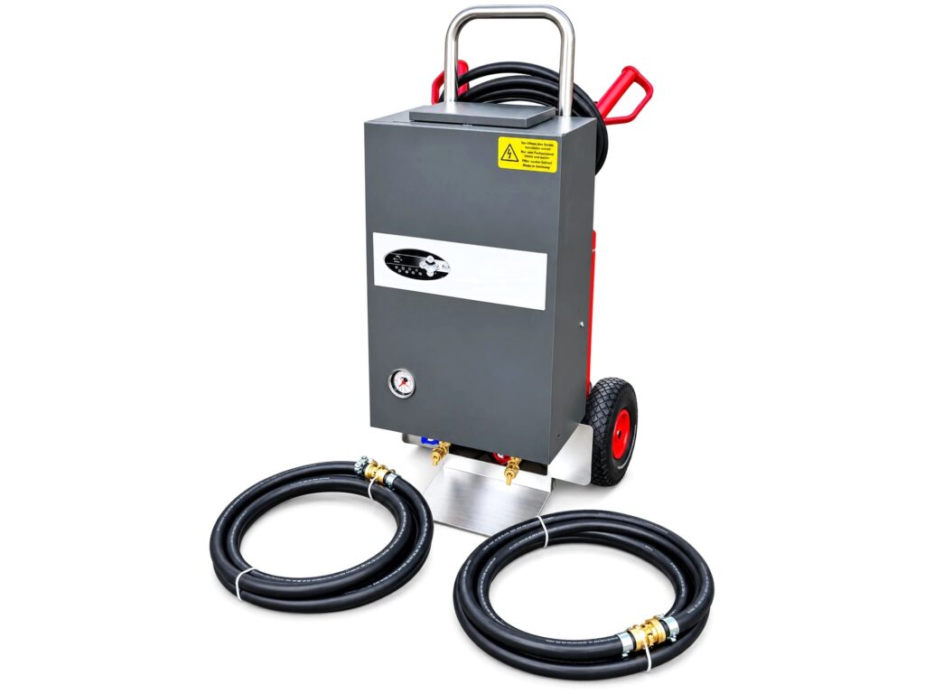 Mobile Elektro-Heizzentrale von KTS mit Anschlussschläuchen